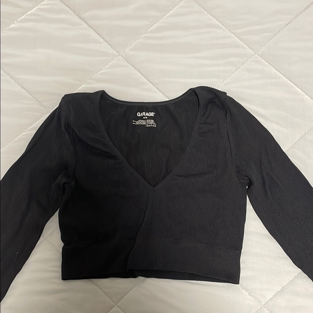 Garage Black 3/4 Sleeve Wrap Crop Blouse